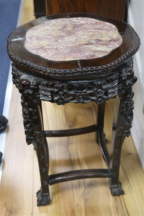 A Chinese rosewood and marble stand, H.61cm